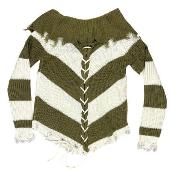 Derek Heart Sweater S Olive Green White Striped Distressed Frayed Pullover New - Picture 5 of 16